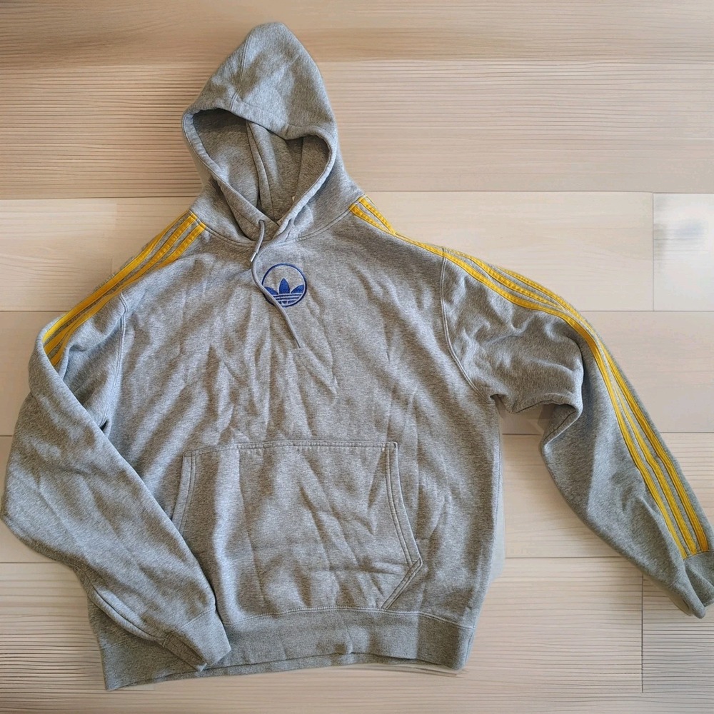 Adidas Mens‎ Grey Hoodie Sweat Shirt With Yellow Stripes Size Large A4
